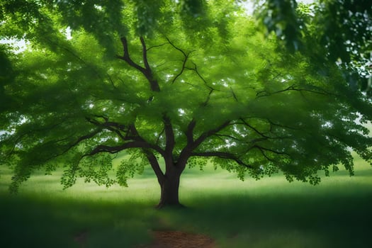 a tree in the middle of a green field. AI-Generated photo