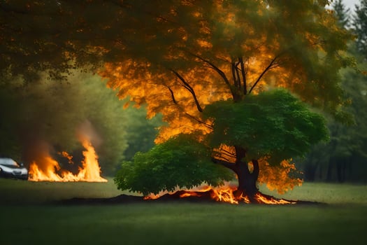 a tree is burning in the grass with a car in the background. AI-Generated photo