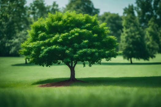 a single tree in a green field. AI-Generated photo