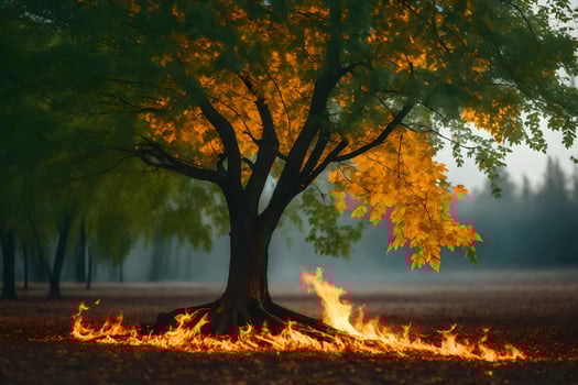 a tree with flames around it in the middle of a field. AI-Generated photo