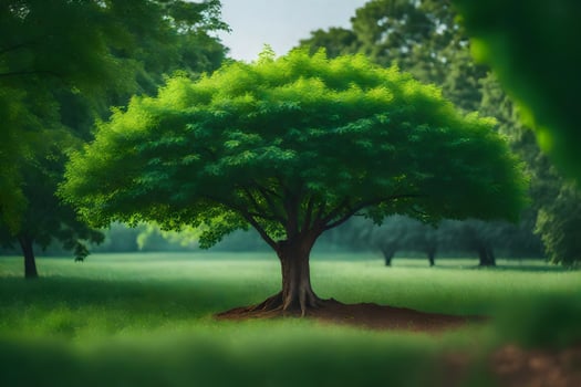 a tree in a field with green leaves. AI-Generated photo