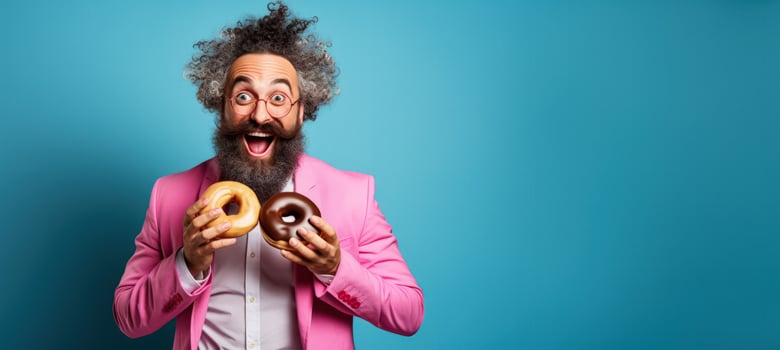 Artist savouring donut in creative studio background with empty space for text photo