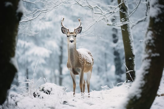 A deer stands in front of a snow covered field in a winter forest. Generative AI photo