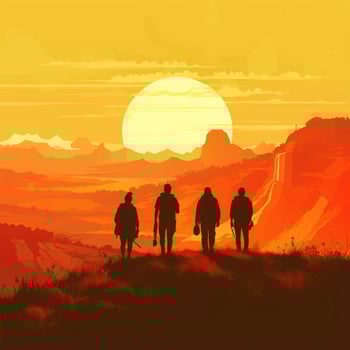 hikers in mountain sunrise view silhouette photo