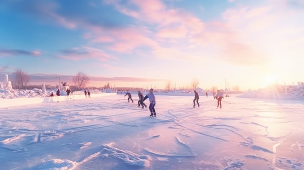 Group of people ice skating on frozen lake photo