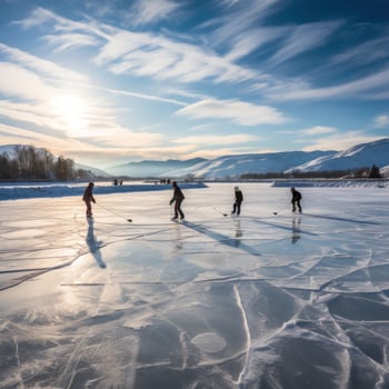 Group of people ice skating on frozen lake photo