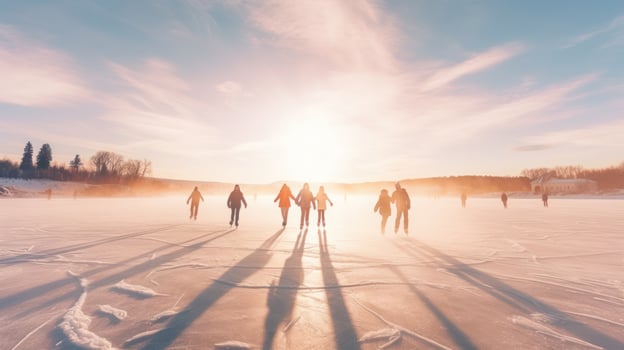 Group of people ice skating on frozen lake photo