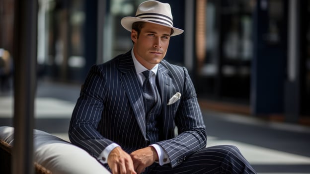 Stylish man in pinstripe suit and fedora photo