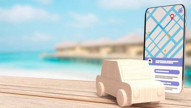 The wood car and mobile for navigator app concept 3d rendering photo