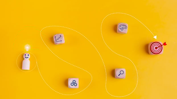 Leadership concept, leader on a yellow background. Goal and target, success and business target concept, project management, and company strategy. photo