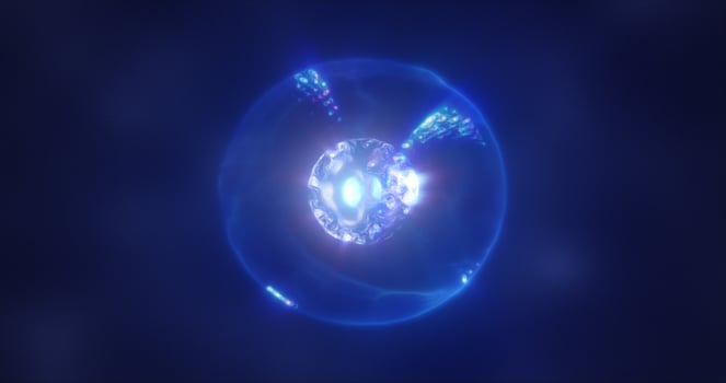 Abstract blue energy sphere with flying glowing bright particles, science futuristic atom with electrons hi-tech background photo