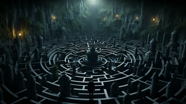 A man stands in a maze and thinks, view from the back. The concept of difficulty in making a decision photo
