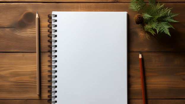 AI-Generated Blank notepad and pen lie on a wooden table, flat lay photo