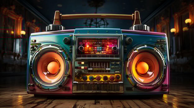 Old stylish vintage audio retro music cassette tape recorder poster from the 80s 90s photo