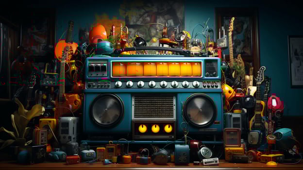 Old stylish vintage audio retro music cassette tape recorder poster from the 80s 90s photo
