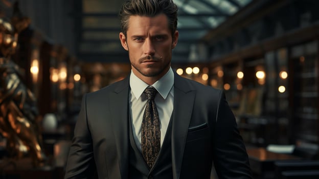 Handsome male businessman in a classic suit with a tie in the office. White collar office worker concept photo
