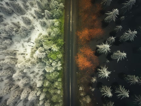 Aerial view of a highway winding through a forest in both summer and winter seasons. Generative AI photo