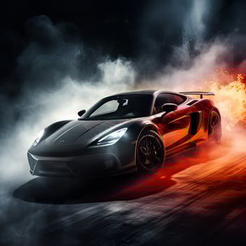 luxury sport sedan on night road with smoke, generative ai photo