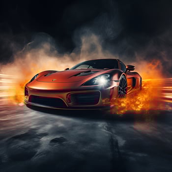 luxury sport sedan on night road with smoke, generative ai photo
