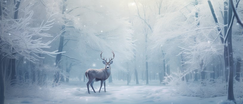 Christmas card background Snowy trees landscape deer. AI generative photo