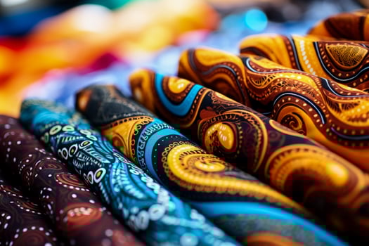 Detailed close up shots of vibrant batik fabric patterns on textile backgrounds photo