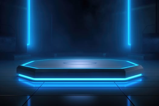 Cyberpunk Sci-Fi Product Presentation Podium with Glowing Lamp Frame in Dark - Technology Concept photo