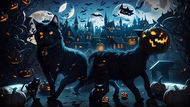 Spectacular 3D Halloween Composition, Pumpkin, Ghostly Moon, Black Cat, Candy Delight - Abstract Spooky Artistry. AI Generated photo