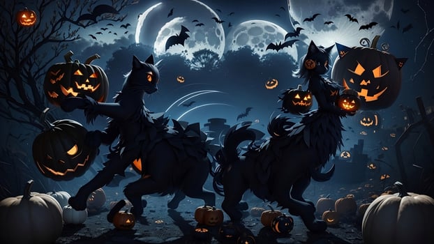 Spectacular 3D Halloween Composition, Pumpkin, Ghostly Moon, Black Cat, Candy Delight - Abstract Spooky Artistry. AI Generated photo