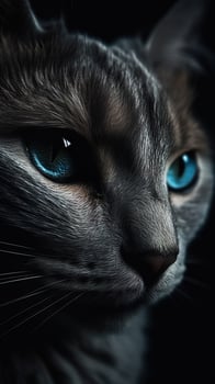 closeup vertical portrait of a tabby cat with blue eyes on black background photo