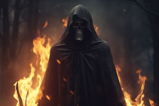 A scary dark person with a long black cloak stands next to a fire AI Generated photo