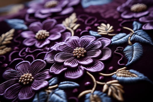 Macro shot of elaborate embroidery on velvet highlighting meticulous threadwork photo