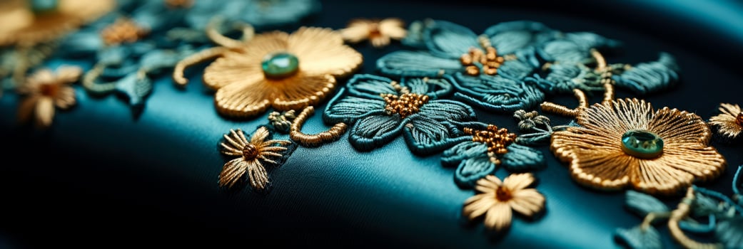 Macro shot of elaborate embroidery on velvet highlighting meticulous threadwork photo