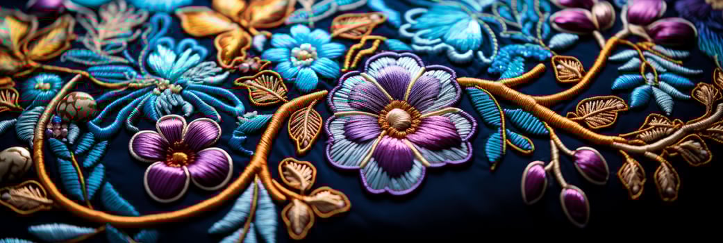 Macro shot of elaborate embroidery on velvet highlighting meticulous threadwork photo