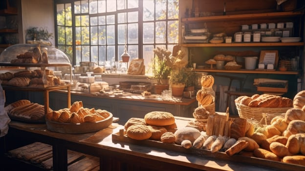Confectionery bakery with showcases and fresh pastries in the rays of sunlight photo