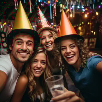 Friends taking a selfie with party hats photo