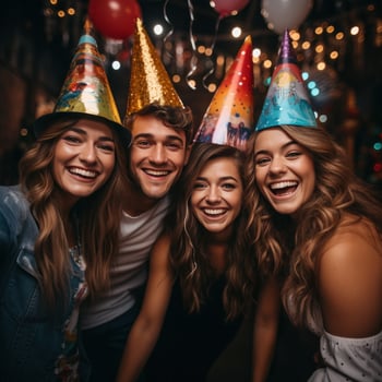 Friends taking a selfie with party hats photo