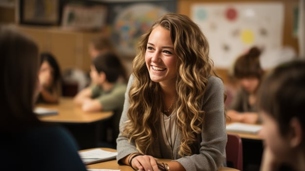 Teacher leading a discussion with engaged students photo