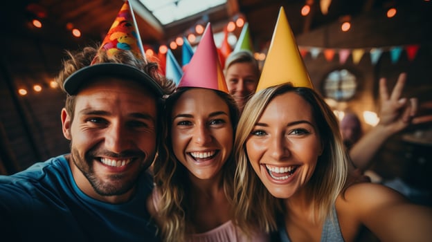 Friends taking a selfie with party hats photo
