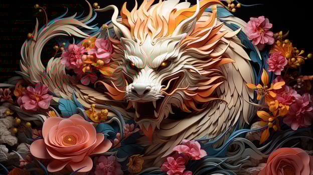 Japanese dragon, in the style of detailed multi-layered compositions, close-up, colorful bright background. ai generative art photo