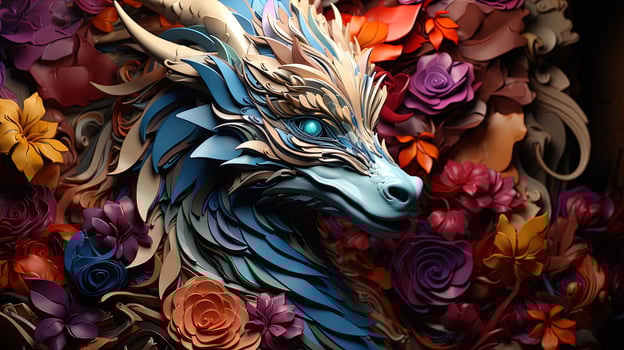 Japanese dragon, in the style of detailed multi-layered compositions, close-up, colorful bright background. ai generative art photo