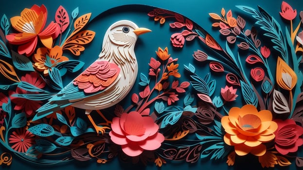 Elegant 3D Paper Art Background, Bird and Flower Illustration in Stunning Detail. AI Generated photo