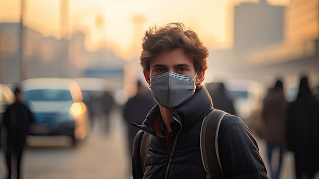 A young man wears an N95 mask to protect against PM 2.5 dust and air pollution. Behind there are cars passing by and there is a thin stream. photo
