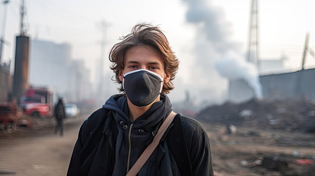 A young man wears an N95 mask to protect against PM 2.5 dust and air pollution. Behind there are cars passing by and there is a thin stream. photo