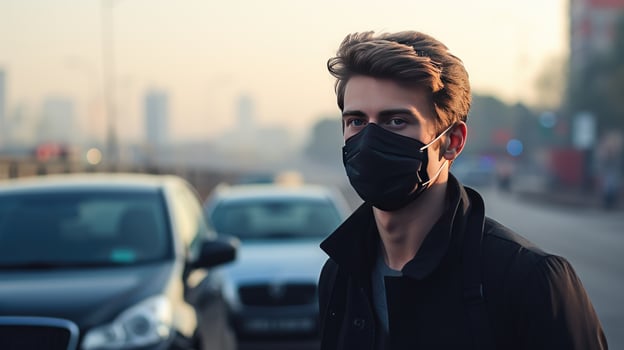 A young man wears an N95 mask to protect against PM 2.5 dust and air pollution. Behind there are cars passing by and there is a thin stream. photo
