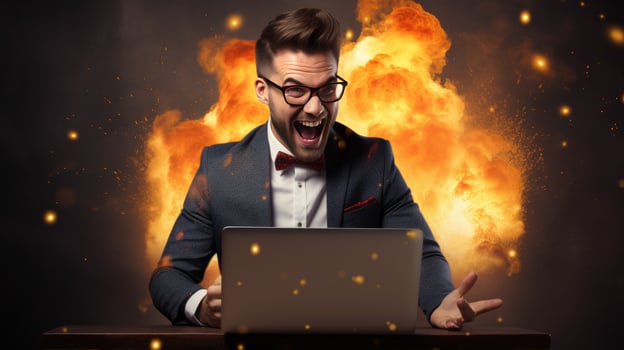 Young businessman in a successful suit shouts with joy Receive notifications from your laptop photo