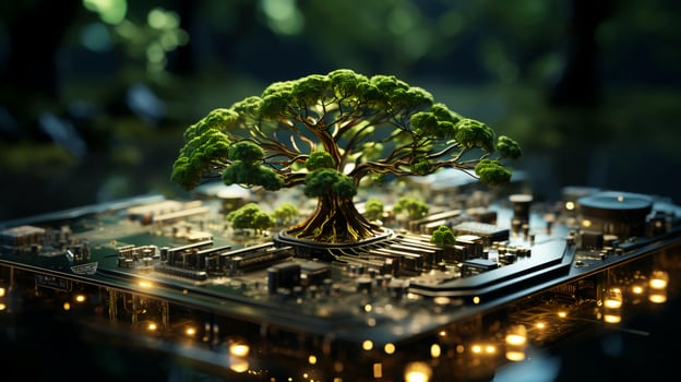 Green natural eco-friendly tree and computer technology on an abstract high-tech futuristic background of microchips and computer circuit boards with transistors photo