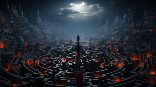 A man stands in a maze and thinks, view from the back. The concept of difficulty in making a decision photo