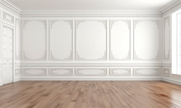 elegant empty room featuring a pristine white wall adorned with classic style mouldings. AI Generated photo