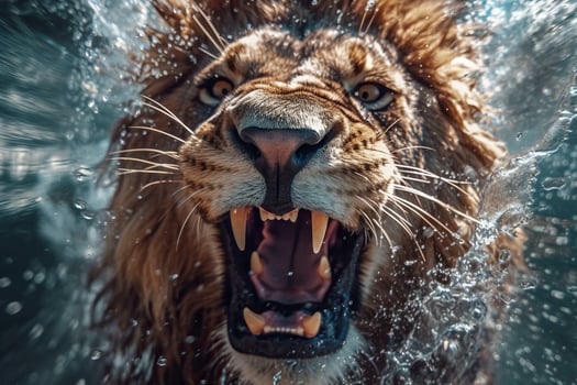 Close-up portrait of a lion in water. Wild animal.AI Generated photo