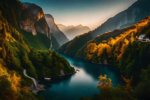 a river flows through a valley surrounded by mountains. AI-Generated photo